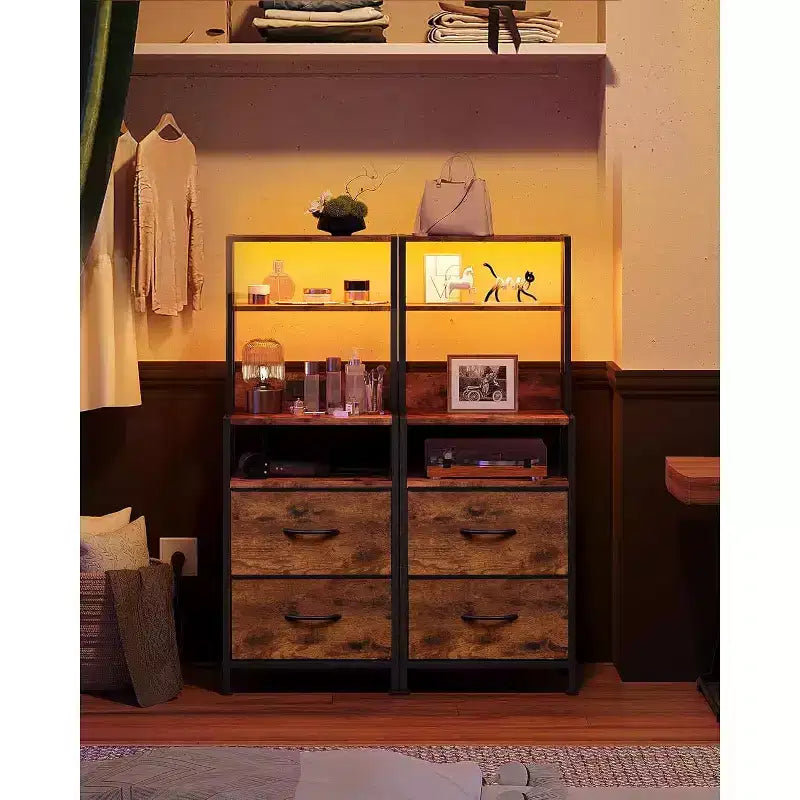 GALAXHERO Nightstand Set of 2 with Charging Station, LED Bedside Table with 2 Drawers Fabric Storage Dresser Modern Night Stand with Bluetooth Lights