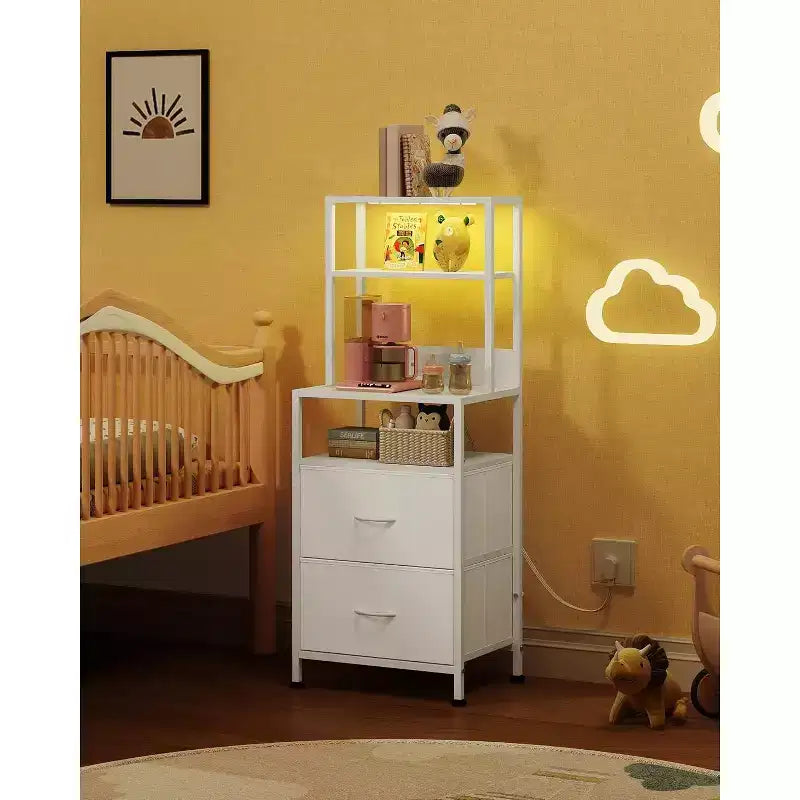 GALAXHERO Nightstand Set of 2 with Charging Station, LED Bedside Table with 2 Drawers Fabric Storage Dresser Modern Night Stand with Bluetooth Lights