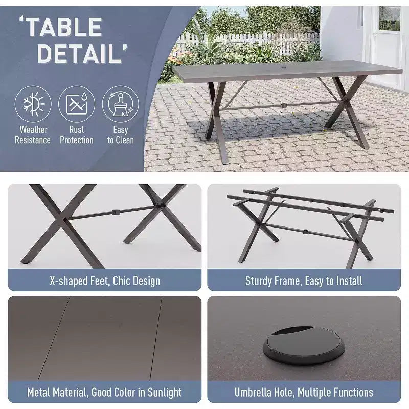 ALAULM Set da Pranzo da Esterno a 7 Pezzi, Set di Mobili da Giardino in Metallo con 6 Sedie Fisse e Tavolo Grande