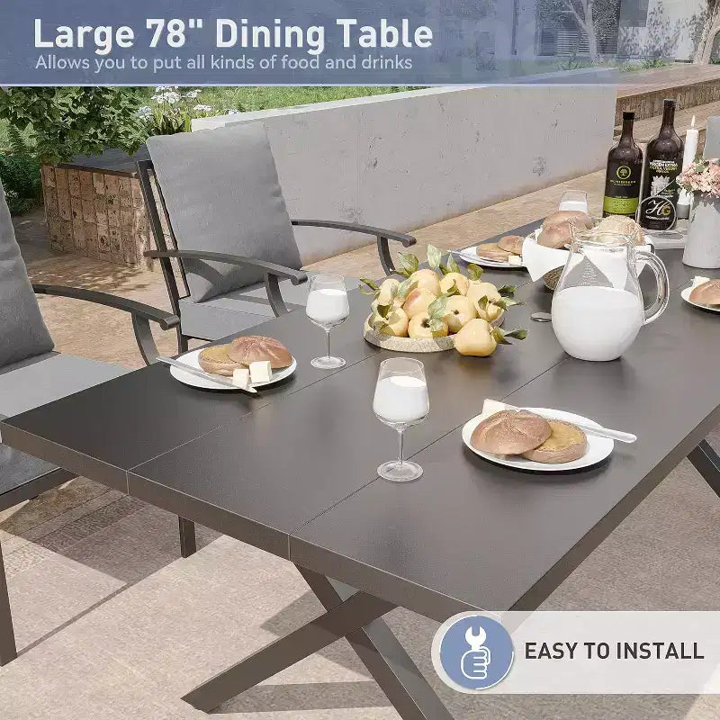 ALAULM Set da Pranzo da Esterno a 7 Pezzi, Set di Mobili da Giardino in Metallo con 6 Sedie Fisse e Tavolo Grande
