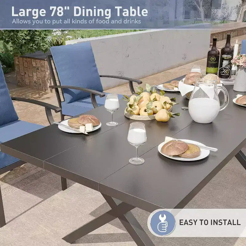 ALAULM Set da Pranzo da Esterno a 7 Pezzi, Set di Mobili da Giardino in Metallo con 6 Sedie Fisse e Tavolo Grande