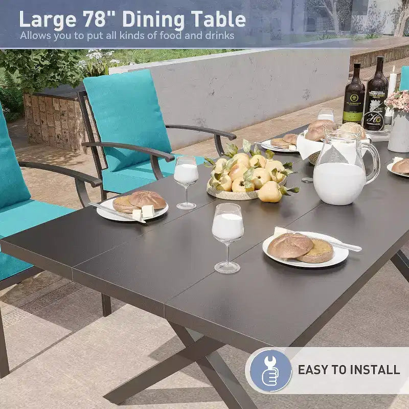 ALAULM Set da Pranzo da Esterno a 7 Pezzi, Set di Mobili da Giardino in Metallo con 6 Sedie Fisse e Tavolo Grande