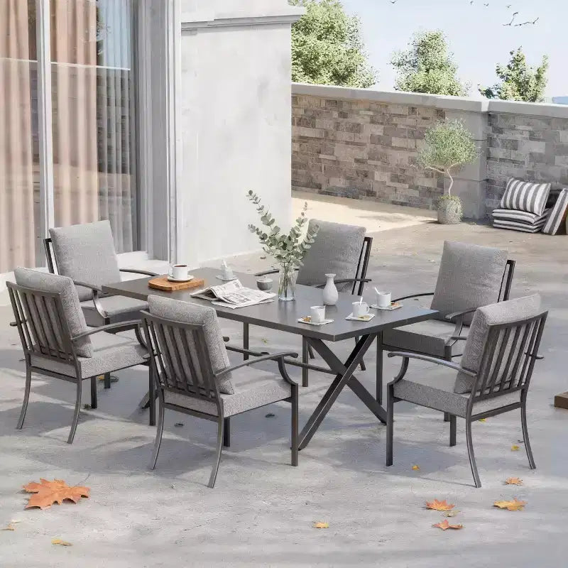 ALAULM Set da Pranzo da Esterno a 7 Pezzi, Set di Mobili da Giardino in Metallo con 6 Sedie Fisse e Tavolo Grande
