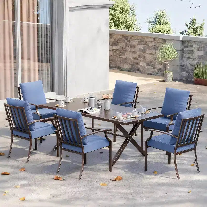 ALAULM Set da Pranzo da Esterno a 7 Pezzi, Set di Mobili da Giardino in Metallo con 6 Sedie Fisse e Tavolo Grande