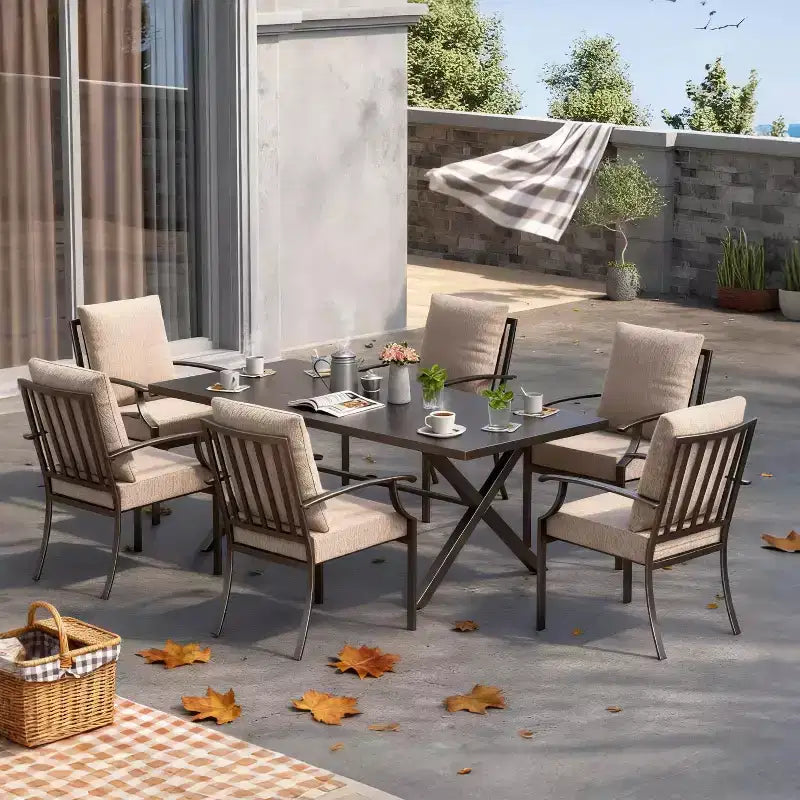 ALAULM Set da Pranzo da Esterno a 7 Pezzi, Set di Mobili da Giardino in Metallo con 6 Sedie Fisse e Tavolo Grande