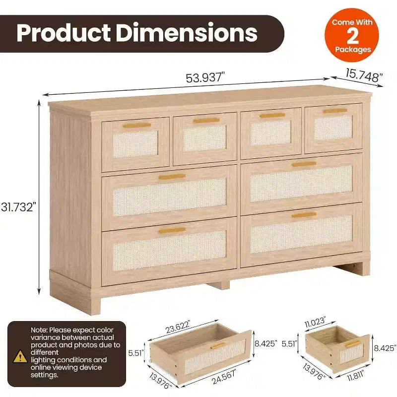 Acekool Cassettiera in Rattan a 8 Cassetti, Comò Moderno Boho con Frontali Intrecciati e Organizer per Camera da Letto, Corridoio, Soggiorno - Naturale