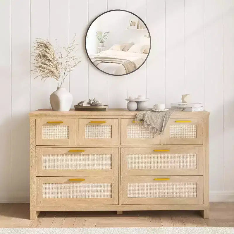 Acekool Cassettiera in Rattan a 8 Cassetti, Comò Moderno Boho con Frontali Intrecciati e Organizer per Camera da Letto, Corridoio, Soggiorno - Naturale