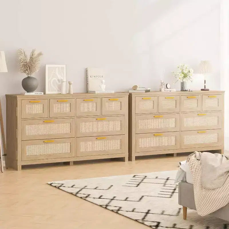 Acekool Cassettiera in Rattan a 8 Cassetti, Comò Moderno Boho con Frontali Intrecciati e Organizer per Camera da Letto, Corridoio, Soggiorno - Naturale