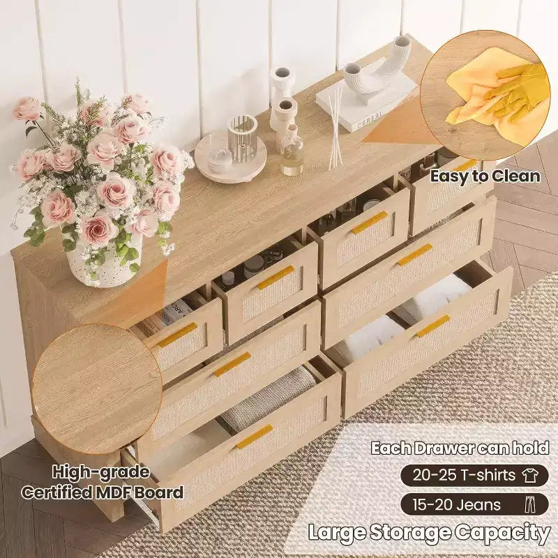 Acekool Cassettiera in Rattan a 8 Cassetti, Comò Moderno Boho con Frontali Intrecciati e Organizer per Camera da Letto, Corridoio, Soggiorno - Naturale
