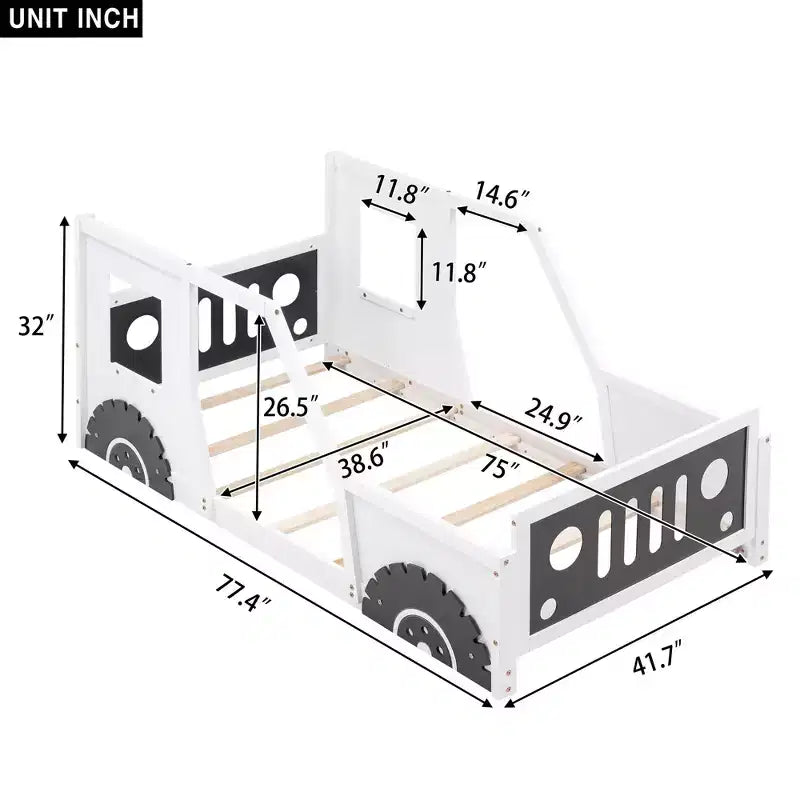 Okak Letto con Rotelle in Legno, Design Classico a Forma di Macchina, con Spondine di Sicurezza per Bambini, Struttura Robusta Senza Rumore, Montaggio Facile, Bianco