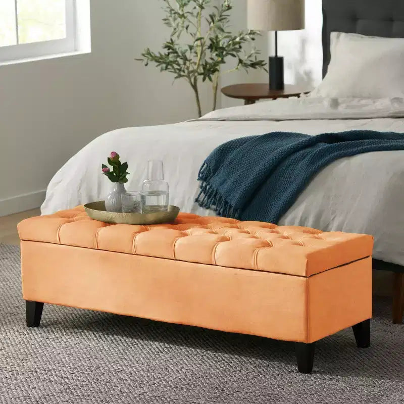 Panca pouf contenitore di lusso Okak con rivestimento trapuntato a bottoni, poggiapiedi rettangolare lungo per soggiorno, ingresso, camera da letto