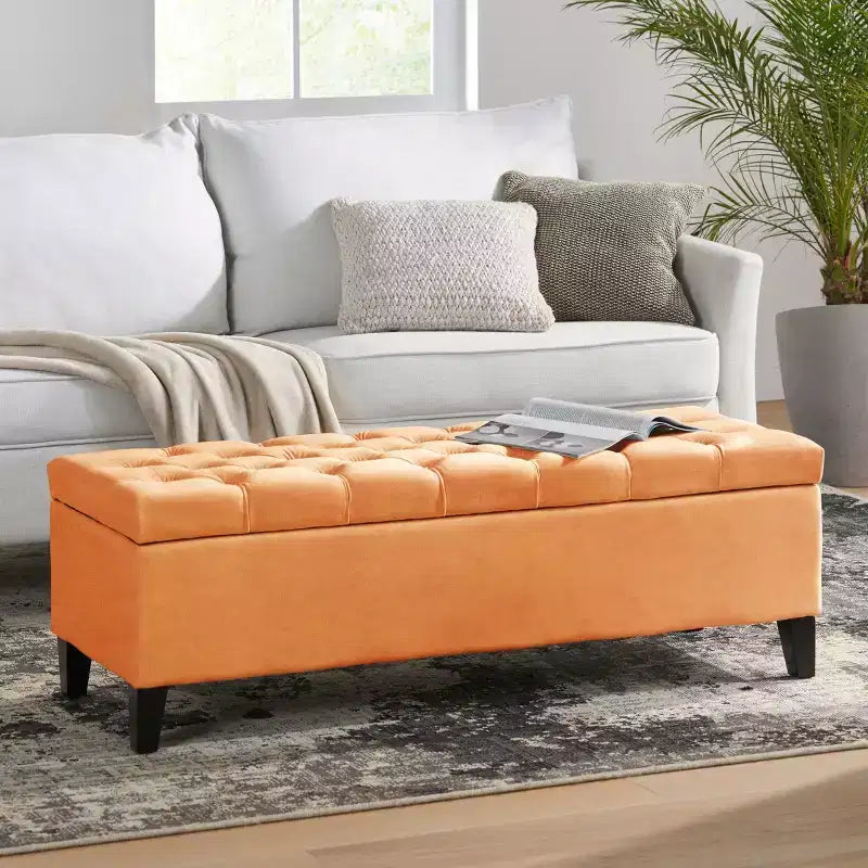 Panca pouf contenitore di lusso Okak con rivestimento trapuntato a bottoni, poggiapiedi rettangolare lungo per soggiorno, ingresso, camera da letto