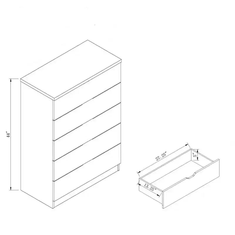 Comò alto moderno minimalista Okak a 5 cassetti con maniglie in metallo e cassetto superiore con chiusura, cassettiera per camera da letto, ingresso
