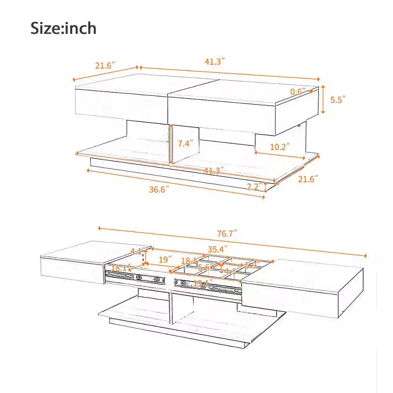 Tavolino da caffè sollevabile e regolabile Zeus & Ruta con contenitore nascosto, allungabile da 105 a 195 cm, centrotavola multifunzionale per soggiorno