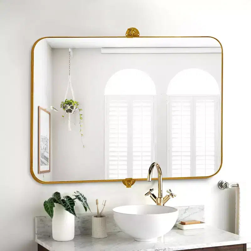 MAYEERTY 91x61x4 cm, specchio da parete rettangolare arrotondato in ferro battuto, colore oro