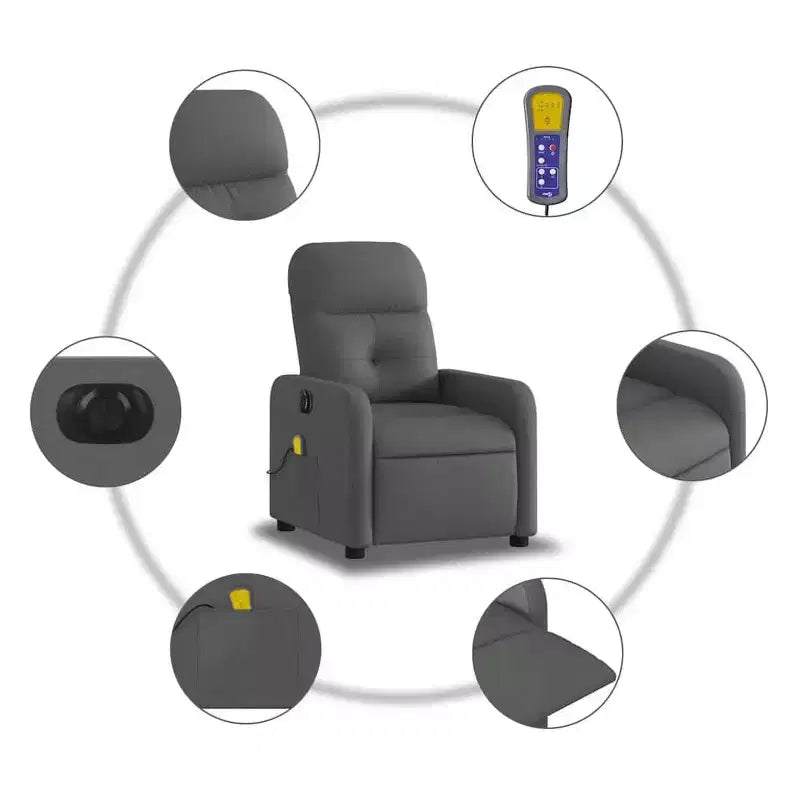 vidaXL Poltrona reclinabile elettrica massaggiante in tessuto grigio scuro - Poltrona reclinabile motorizzata con massaggio a vibrazione, seduta confortevole e struttura robusta