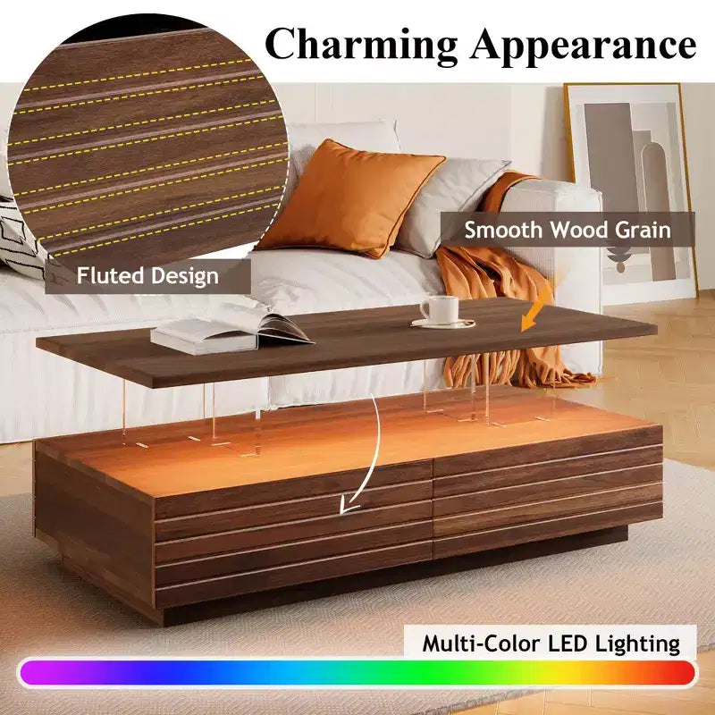 Tavolino moderno a LED Okak 47.2, tavolo centrale rettangolare dimmerabile intelligente con 2 cassetti a scomparsa e controllo touch per soggiorno/home theater