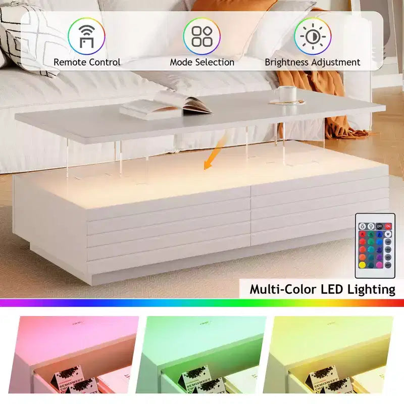 Tavolino moderno a LED Okak 47.2, tavolo centrale rettangolare dimmerabile intelligente con 2 cassetti a scomparsa e controllo touch per soggiorno/home theater