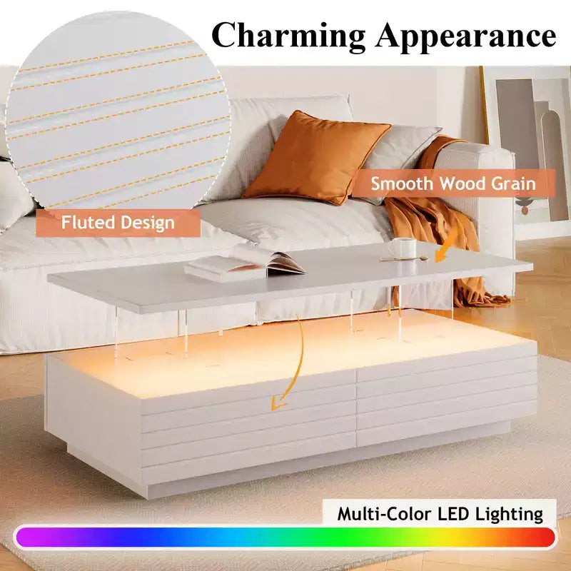 Tavolino moderno a LED Okak 47.2, tavolo centrale rettangolare dimmerabile intelligente con 2 cassetti a scomparsa e controllo touch per soggiorno/home theater