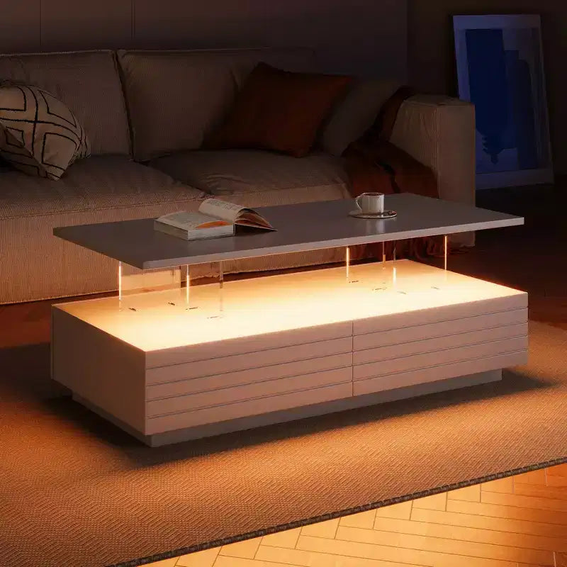 Tavolino moderno a LED Okak 47.2, tavolo centrale rettangolare dimmerabile intelligente con 2 cassetti a scomparsa e controllo touch per soggiorno/home theater