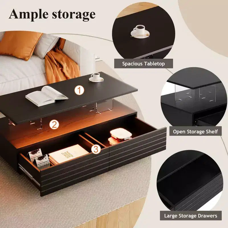Tavolino moderno a LED Okak 47.2, tavolo centrale rettangolare dimmerabile intelligente con 2 cassetti a scomparsa e controllo touch per soggiorno/home theater