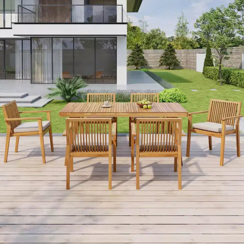 Christopher Knight Home Caitlyn Set da Pranzo Rustico da Esterno 7 Pezzi in Legno di Acacia con Cuscini