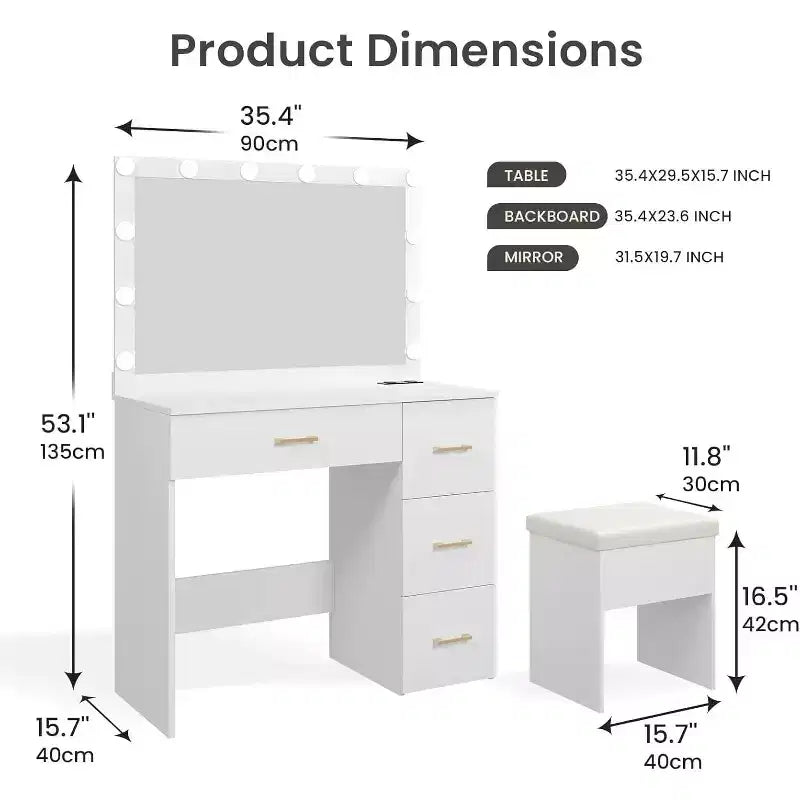 Set da Trucco WAYES con Specchio Illuminato, Stazione di Ricarica, Sgabello Contenitore, Grande Toeletta da 90cm, Bianco Moderno