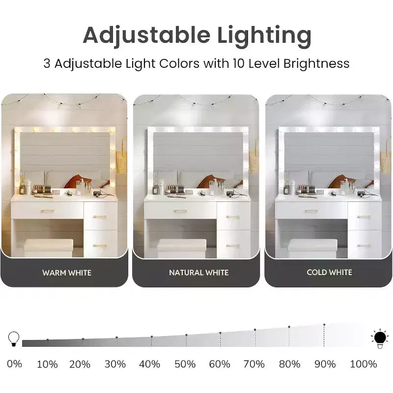 Set da Trucco WAYES con Specchio Illuminato, Stazione di Ricarica, Sgabello Contenitore, Grande Toeletta da 90cm, Bianco Moderno