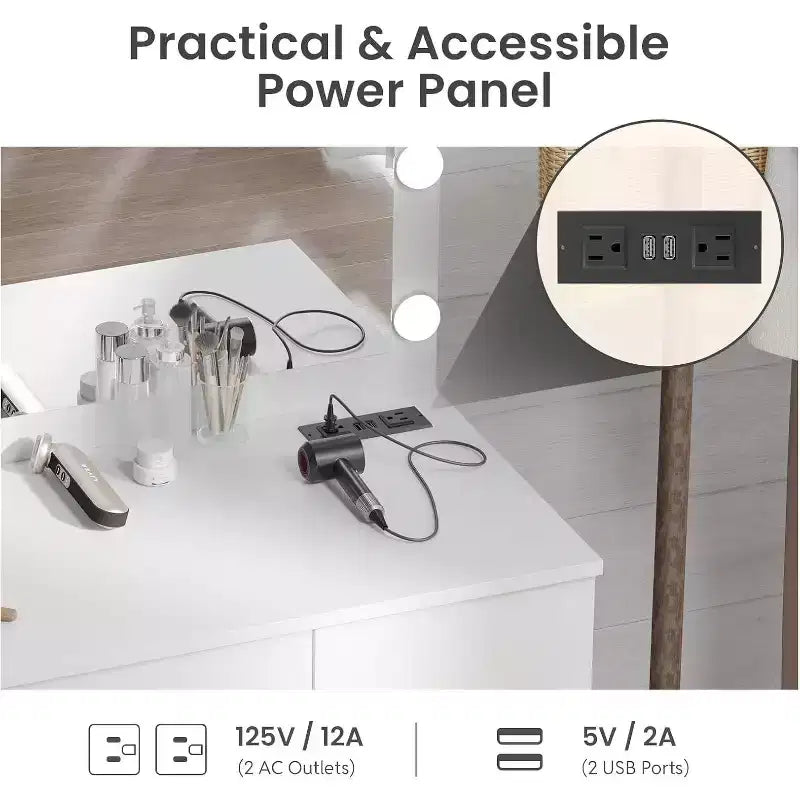 Set da Trucco WAYES con Specchio Illuminato, Stazione di Ricarica, Sgabello Contenitore, Grande Toeletta da 90cm, Bianco Moderno