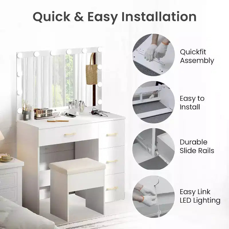 Set da Trucco WAYES con Specchio Illuminato, Stazione di Ricarica, Sgabello Contenitore, Grande Toeletta da 90cm, Bianco Moderno