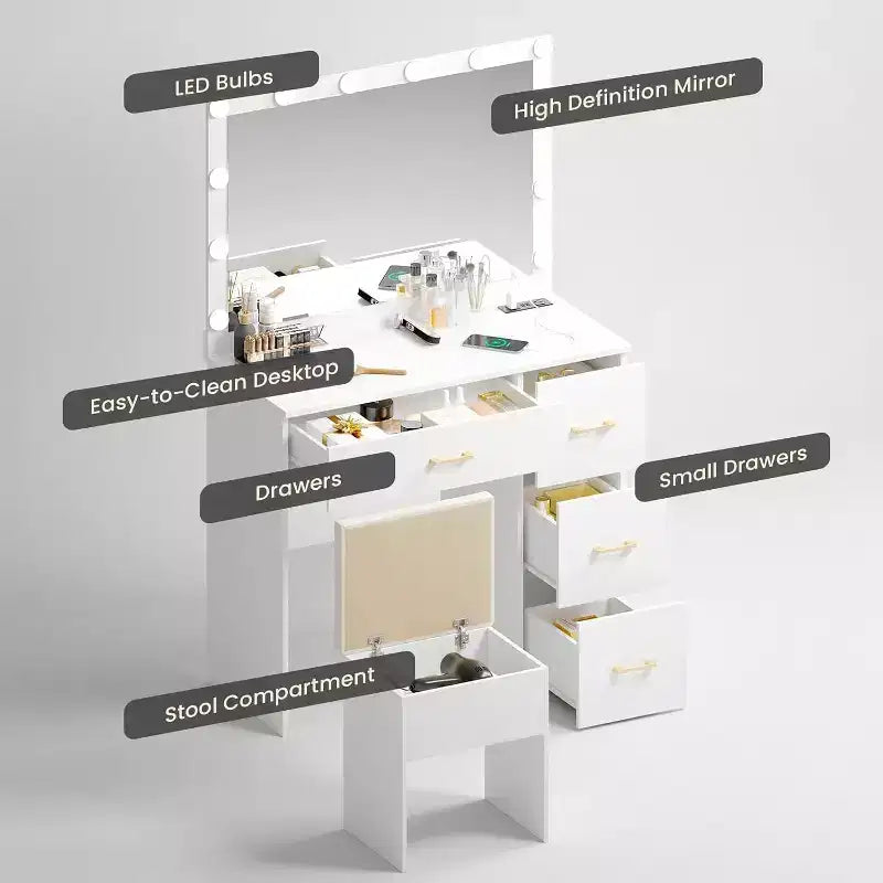 Set da Trucco WAYES con Specchio Illuminato, Stazione di Ricarica, Sgabello Contenitore, Grande Toeletta da 90cm, Bianco Moderno