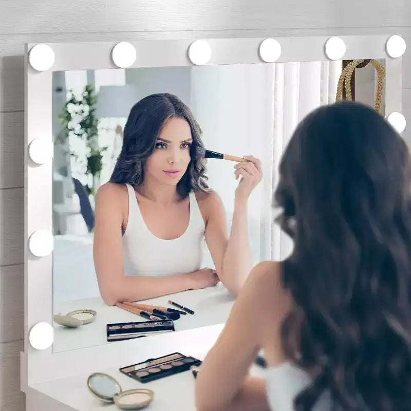 Set da Trucco WAYES con Specchio Illuminato, Stazione di Ricarica, Sgabello Contenitore, Grande Toeletta da 90cm, Bianco Moderno
