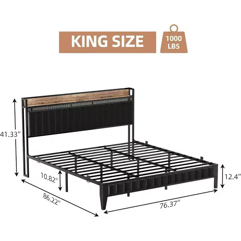 Struttura Letto con Luci a LED e Testiera Contenitore, Letto Imbottito con Stazione di Ricarica, Robusto, Nessuna Rete a Molle Necessaria, Facile Montaggio