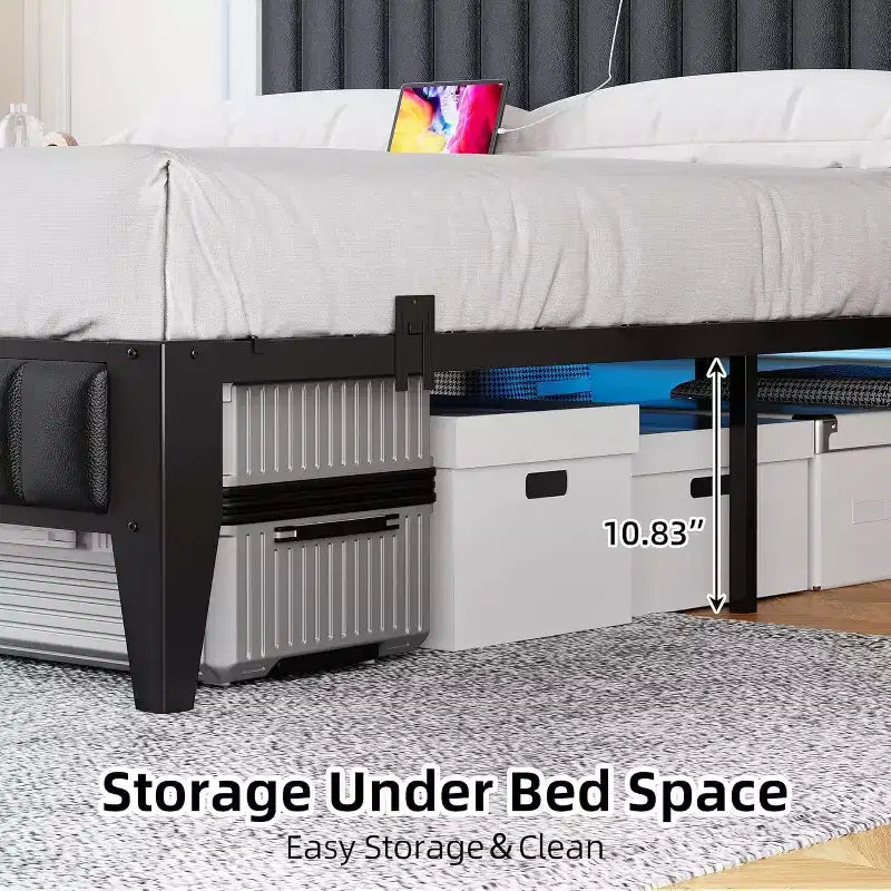 Struttura Letto con Luci a LED e Testiera Contenitore, Letto Imbottito con Stazione di Ricarica, Robusto, Nessuna Rete a Molle Necessaria, Facile Montaggio