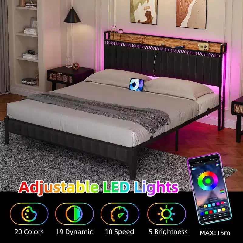 Struttura Letto con Luci a LED e Testiera Contenitore, Letto Imbottito con Stazione di Ricarica, Robusto, Nessuna Rete a Molle Necessaria, Facile Montaggio