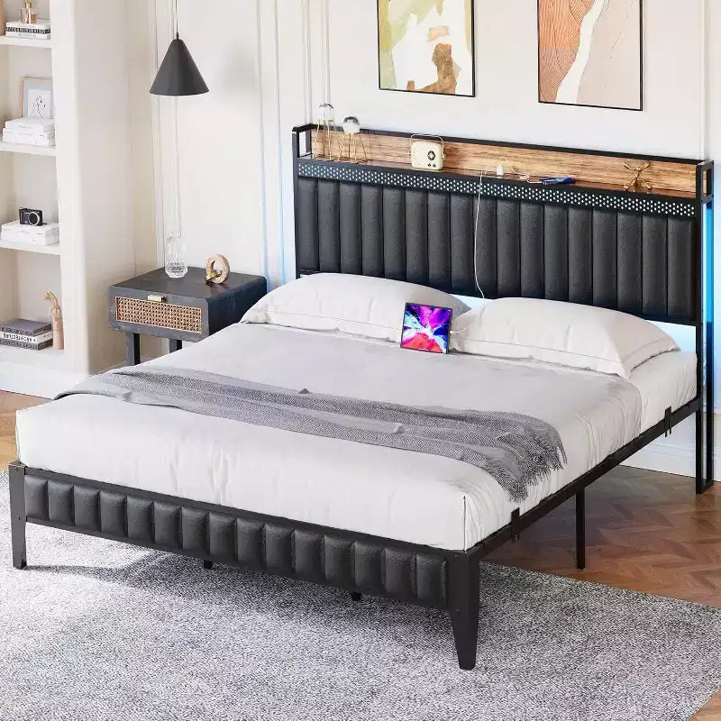 Struttura Letto con Luci a LED e Testiera Contenitore, Letto Imbottito con Stazione di Ricarica, Robusto, Nessuna Rete a Molle Necessaria, Facile Montaggio