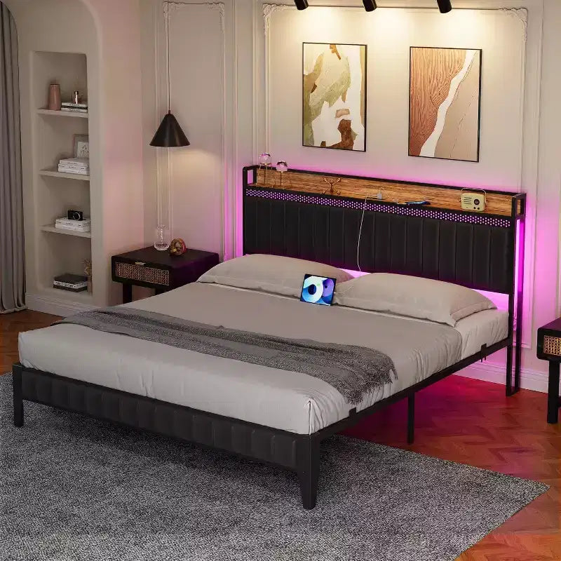 Struttura Letto con Luci a LED e Testiera Contenitore, Letto Imbottito con Stazione di Ricarica, Robusto, Nessuna Rete a Molle Necessaria, Facile Montaggio
