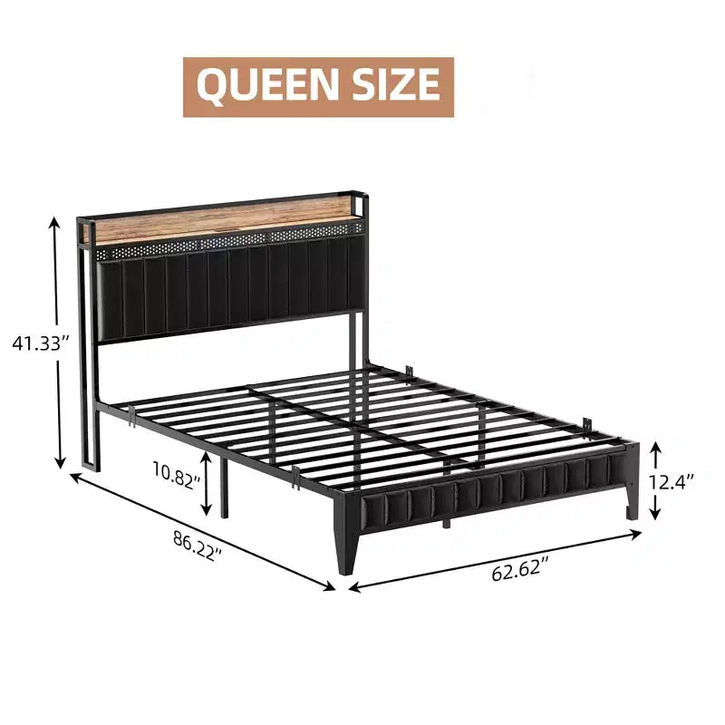 Struttura Letto con Luci a LED e Testiera Contenitore, Letto Imbottito con Stazione di Ricarica, Robusto, Nessuna Rete a Molle Necessaria, Facile Montaggio