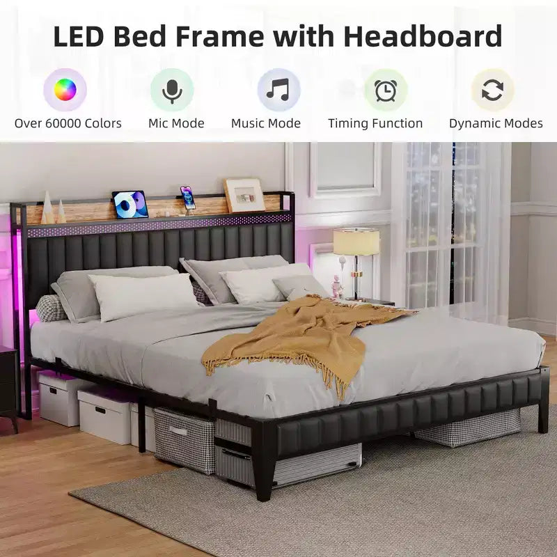 Struttura Letto con Luci a LED e Testiera Contenitore, Letto Imbottito con Stazione di Ricarica, Robusto, Nessuna Rete a Molle Necessaria, Facile Montaggio