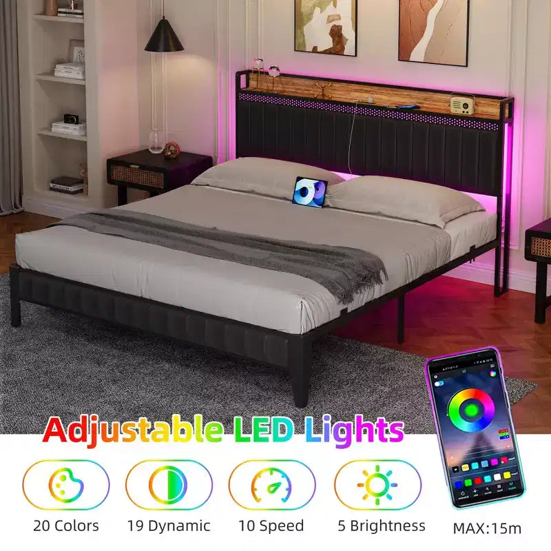 Struttura Letto con Luci a LED e Testiera Contenitore, Letto Imbottito con Stazione di Ricarica, Robusto, Nessuna Rete a Molle Necessaria, Facile Montaggio