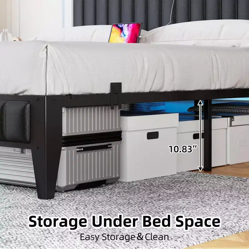 Struttura Letto con Luci a LED e Testiera Contenitore, Letto Imbottito con Stazione di Ricarica, Robusto, Nessuna Rete a Molle Necessaria, Facile Montaggio