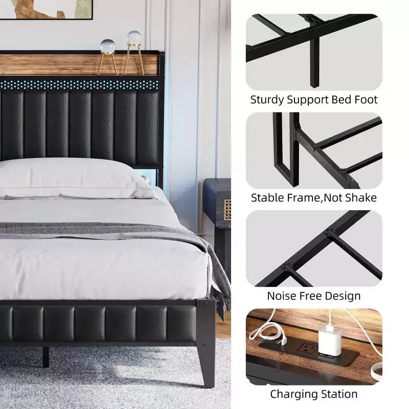 Struttura Letto con Luci a LED e Testiera Contenitore, Letto Imbottito con Stazione di Ricarica, Robusto, Nessuna Rete a Molle Necessaria, Facile Montaggio