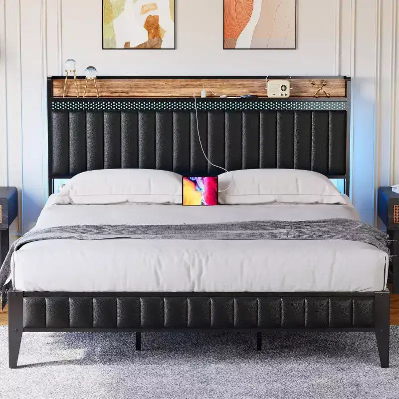 Struttura Letto con Luci a LED e Testiera Contenitore, Letto Imbottito con Stazione di Ricarica, Robusto, Nessuna Rete a Molle Necessaria, Facile Montaggio