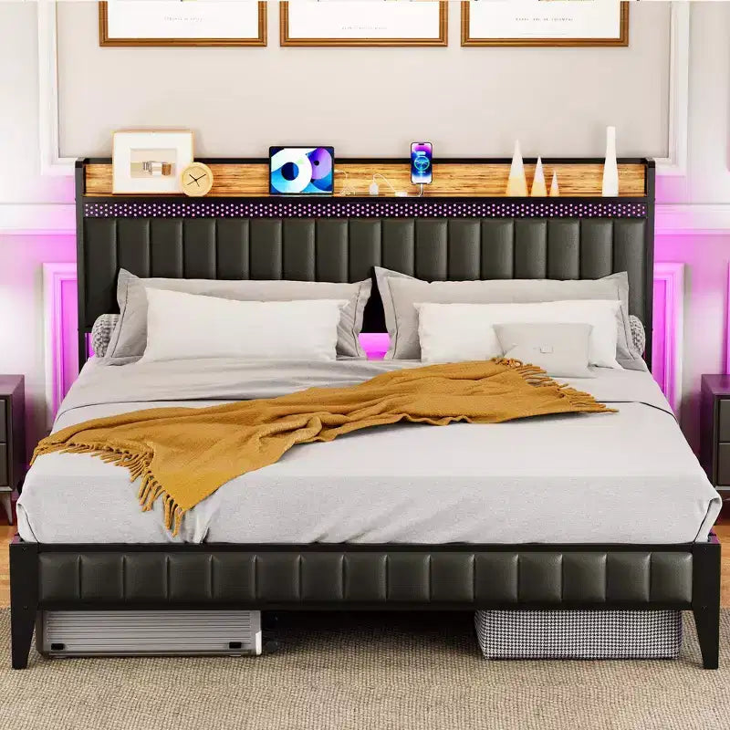 Struttura Letto con Luci a LED e Testiera Contenitore, Letto Imbottito con Stazione di Ricarica, Robusto, Nessuna Rete a Molle Necessaria, Facile Montaggio