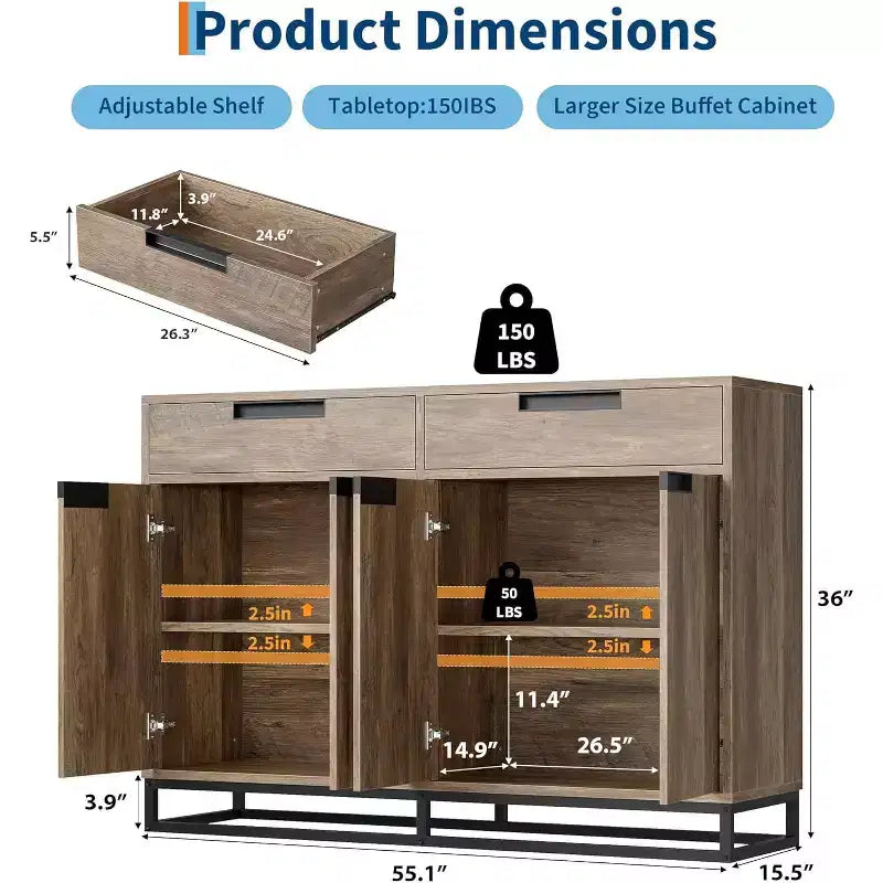 Madia credenza, mobile contenitore moderno da cucina da 55 pollici con 2 cassetti e 4 ante, tavolino da buffet per bar e cucina, sala da pranzo