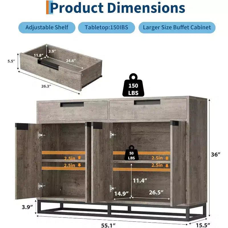 Madia credenza, mobile contenitore moderno da cucina da 55 pollici con 2 cassetti e 4 ante, tavolino da buffet per bar e cucina, sala da pranzo