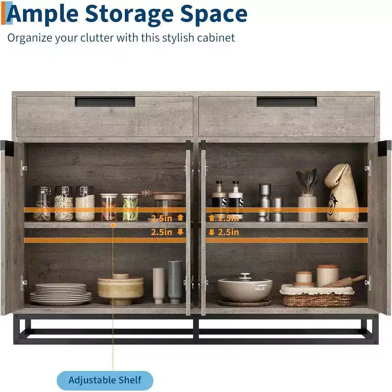 Madia credenza, mobile contenitore moderno da cucina da 55 pollici con 2 cassetti e 4 ante, tavolino da buffet per bar e cucina, sala da pranzo