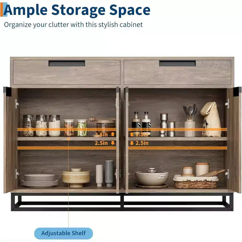 Madia credenza, mobile contenitore moderno da cucina da 55 pollici con 2 cassetti e 4 ante, tavolino da buffet per bar e cucina, sala da pranzo