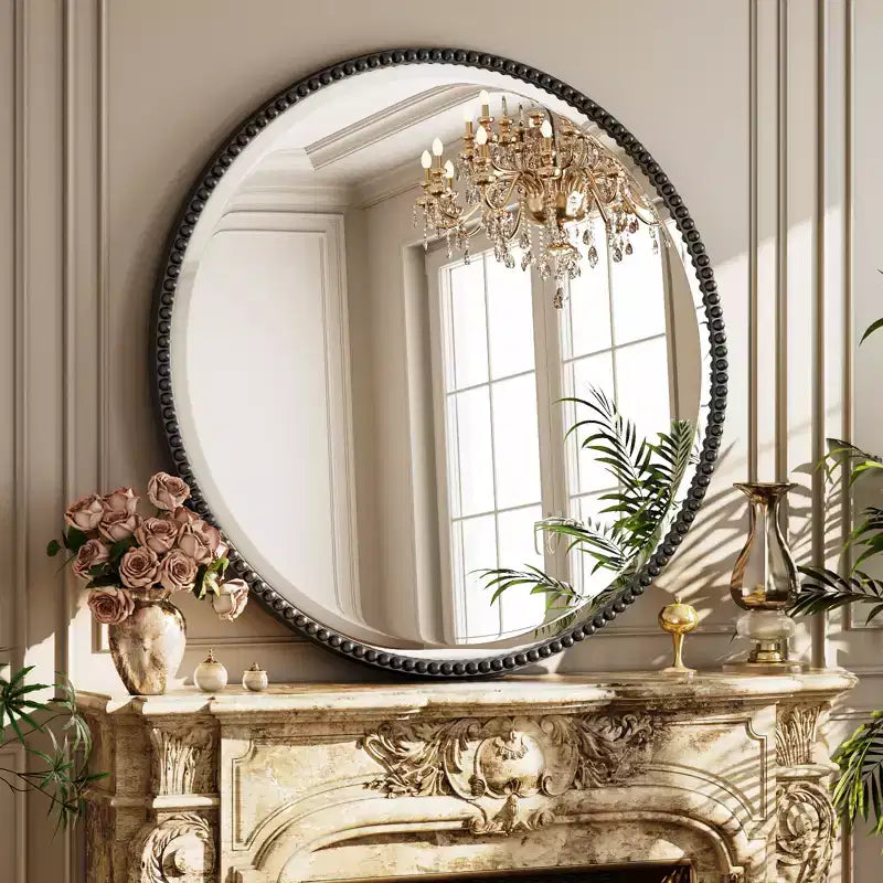 BEAUTYPEAK Specchio da Parete Rotondo Decorativo con Perline Specchio da Bagno con Cornice in Resina