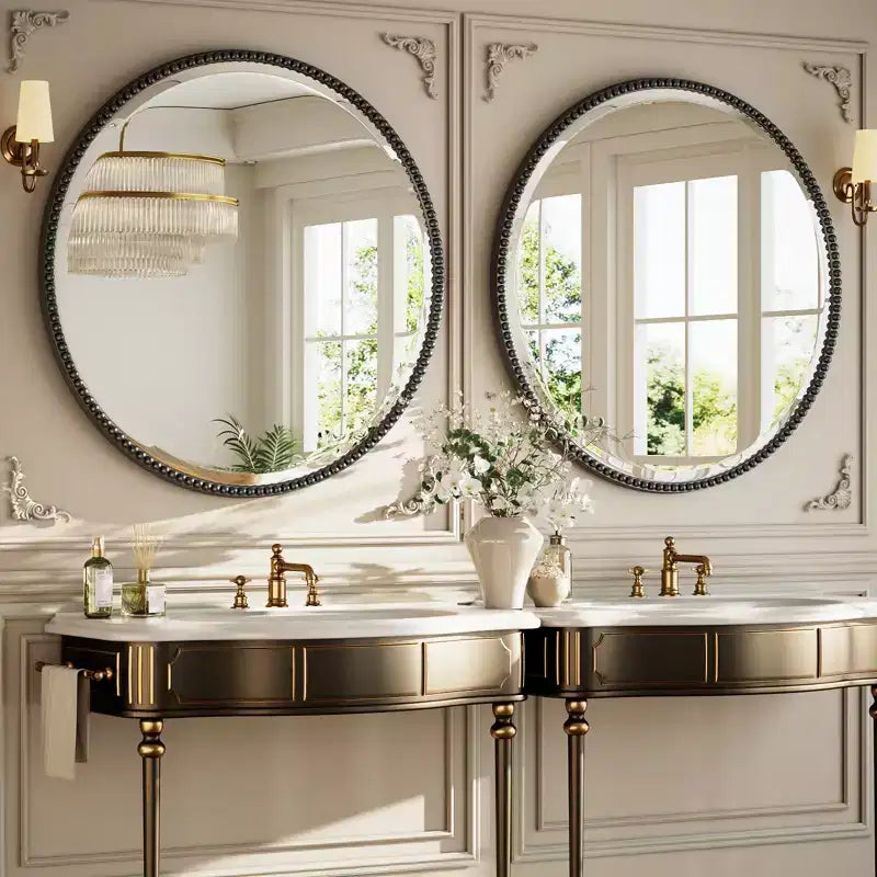 BEAUTYPEAK Specchio da Parete Rotondo Decorativo con Perline Specchio da Bagno con Cornice in Resina